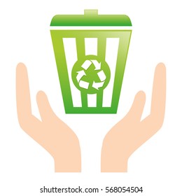 Green recycleng basket with hands icon, vector illustration image