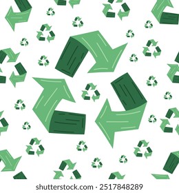 Grüne Recycling-Pfeile Muster für umweltfreundliche Designs auf weißem, isoliertem Hintergrund. Öko-Symbol für Recycling, Upcycling, Nachhaltigkeit, Zero West Life. Für Öko-Projekte, Öko-Design, Recyclingpapier.