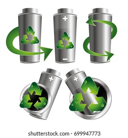 Green recycling batteries set vector design