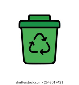 Green Recycling Bin with Black Outline and Triangle Recycle Symbol in Flat Cartoon Illustration