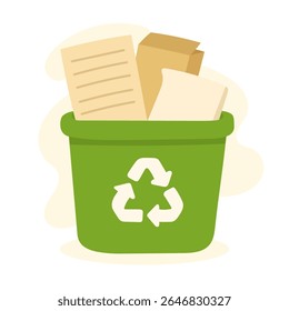 Uma lixeira verde é preenchida com resíduos de papel. A lixeira contém documentos e papelão.