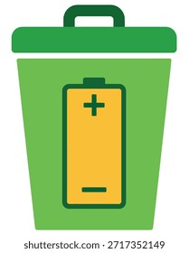 Green recycling bin icon with battery symbol for proper electronic waste disposal and environmental protection vector illustration