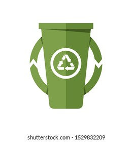 Green recycling bin isolated on a white background. White recycling sign on a green basket.
