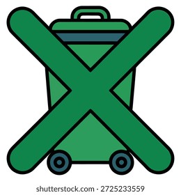 Papelera de reciclaje verde con una Grande cruz que indica la prohibición o cancelación de los servicios de eliminación de residuos