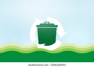 Green recycling bin on green wave background. Ecology and Environment concept. Vector Illustration.