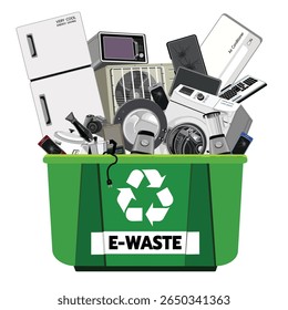 Um compartimento de reciclagem verde que transborda com vários resíduos eletrônicos, incluindo refrigeradores, micro-ondas e smartphones, enfatizando a eliminação responsável de resíduos eletrônicos
