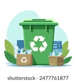Green recycling bin with plastic bottles on baskets, on white background. Concept of waste management. Vector illustration