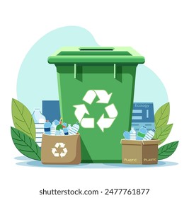 Green recycling bin with plastic bottles on baskets, on white background. Concept of waste management. Vector illustration