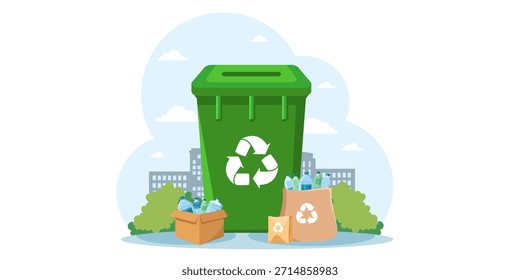 Green recycling bin with plastic bottles and paper bags, flat graphic style, urban park background, concept of waste sorting and sustainability. Vector illustration