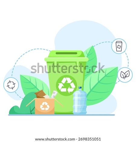 Green recycling bin with recyclable trash, cardboard box, plastic bottle, and eco icons on a clean white background. Concept of sustainability. Vector illustration