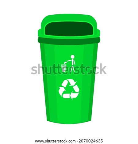 Green recycling bin with recycle logo isolated on white background. Office container for paper garbage.Street can, dustbin or box for waste, trash, rubbish, litter.Front view.Stock vector illustration