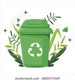 Green recycling bin surrounded by foliage in flat style on white background, concept of ecology and sustainability. Vector illustration