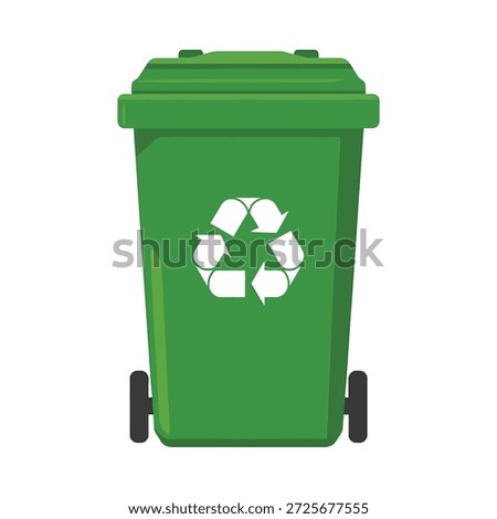 Green recycling bin with recycling symbol on white background