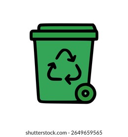 Lixeira de reciclagem verde com ícone de roda em estilo plano para separação de resíduos, estilo de vida ecológico e design de consciência ambiental