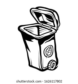 Green recycling bin with wheels and lid open