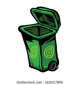 Green recycling bin with wheels and lid open