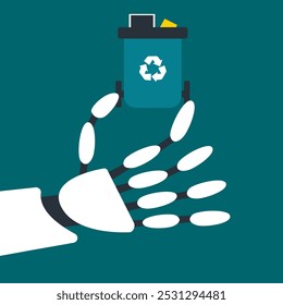 Green recycling in computing with Ai Robot Bot. E-waste recycling, old electronics recovery, e-waste management, electronic devices reuse. Flat vector illustration.