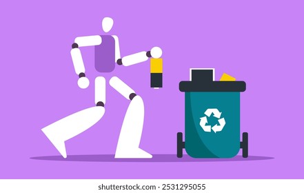 Green recycling in computing with Ai Robot. E-waste recycling, old electronics recovery, e-waste management, electronic devices reuse. Flat vector illustration.