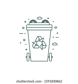 Green recycling garbage bin with recycle symbol icon. Waste basket with wheels and lead. Trash recycling can for zero waste, eco-friendly and sustainable living.