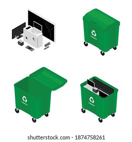Green recycling garbage container cans for electronic waste. Recycling garbage separation. Sorted electronic garbage vector icon. E-waste