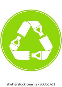 Green recycling icon with plastic bottles forming a recycle symbol. Represents waste management and plastic recycling. Editable vector illustration for logos, branding, web, and print use.
