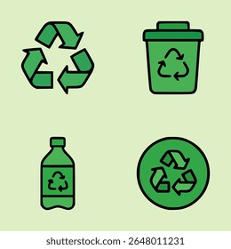 Reciclagem verde ícones coleta com lixeira, garrafa de plástico e eco circular setas no fundo verde claro