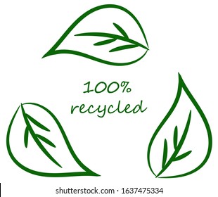 Green recycling leaf logo isolated on white background. 100 percent recycled