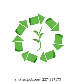 Green recycling logo consisting of arrows inside which the stem leaves. Vector stock illustration. isolated. White background
