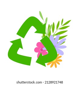 Green recycling sign on the background of plants. Cartoon icon with flowers. Ecology concept. Flat vector illustration isolated on white background