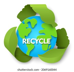 Green recycling sign and planet Earth globe, vector illustration in paper art craft style. Waste reuse and recycle symbol, label. World Environment Day. Save planet.