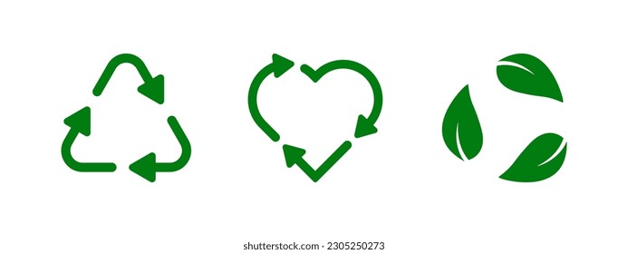 Green recycling signs vector.  Arrows, heart and leaf recycle eco green symbol. Rounded angles. Vector illustration. 