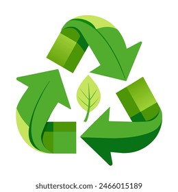 A green recycling symbol with arrows and a leaf in the center