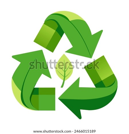 A green recycling symbol with arrows and a leaf in the center