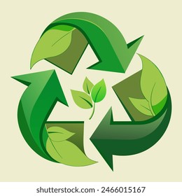 Green recycling symbol with arrows and leaves on white background