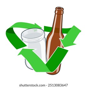 Symbole de recyclage vert avec un pot en verre vide et une bouteille à l'intérieur. Concept de gestion des déchets et de protection de l'environnement. Image vectorielle illustration de style dessin animé 3d isolée sur fond blanc.