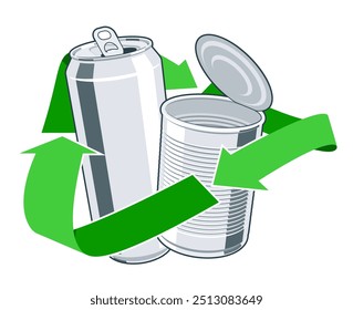 Green recycling symbol with empty metal can and tin jar inside. Concept of waste management and environmental protection. Vector 3d cartoon style illustration isolated on white background.