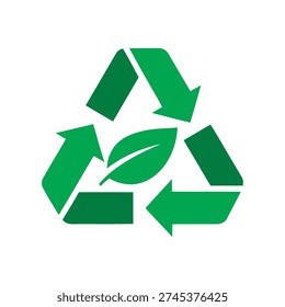 A green recycling symbol featuring a leaf in the center surrounded by arrows