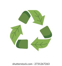 Símbolo de reciclagem verde com folhas. Ícone de vetor de setas de reciclagem triangular