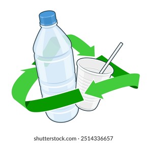 Symbole de recyclage vert avec bouteille en plastique et tasse avec paille à l'intérieur. Concept de gestion des déchets et de protection de l'environnement. Image vectorielle illustration de style dessin animé 3d isolée sur fond blanc.