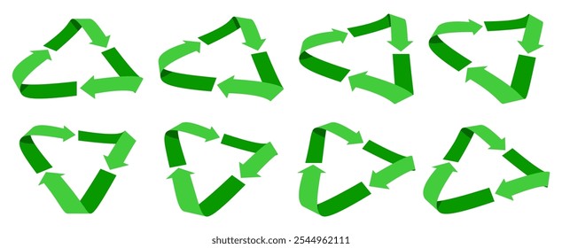 Green recycling symbol rotating animation sequence. Set of frames, sprite sheet. Vector 3d cartoon style illustration isolated on white background.