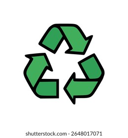 Green Recycling Symbol with Three Curved Arrows Forming a Triangle in Flat Cartoon Style