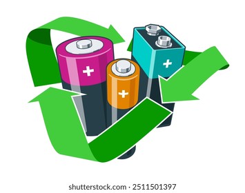 Símbolo de reciclaje verde con baterías usadas en el interior. Concepto de gestión de residuos y protección medioambiental. Vector 3D ilustración de estilo de dibujos animados aislados sobre fondo blanco.