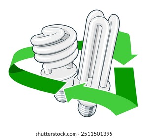 Symbole de recyclage vert avec ampoules usagées à l'intérieur. Concept de gestion des déchets et de protection de l'environnement. Image vectorielle illustration de style dessin animé 3d isolée sur fond blanc.