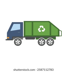 Green recycling truck suitable for ecofriendly concepts, waste management, environmental campaigns, sustainable transportation, and urban cleanups.