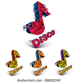 Green and red 3d vector musical notes broken into pieces, explosion effect. Disco music theme dimensional art melody symbols set 