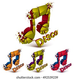 Green and red 3d vector musical notes broken into pieces, explosion effect. Disco music theme dimensional art melody symbols set 