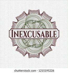 Green and Red abstract linear rosette with text Inexcusable inside