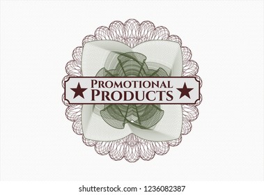 Green and Red abstract linear rosette with text Promotional Products inside