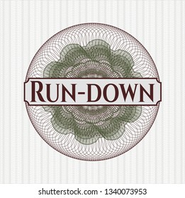 Green and Red abstract linear rosette with text Run-down inside