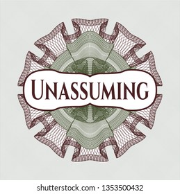 Green and Red abstract linear rosette with text Unassuming inside